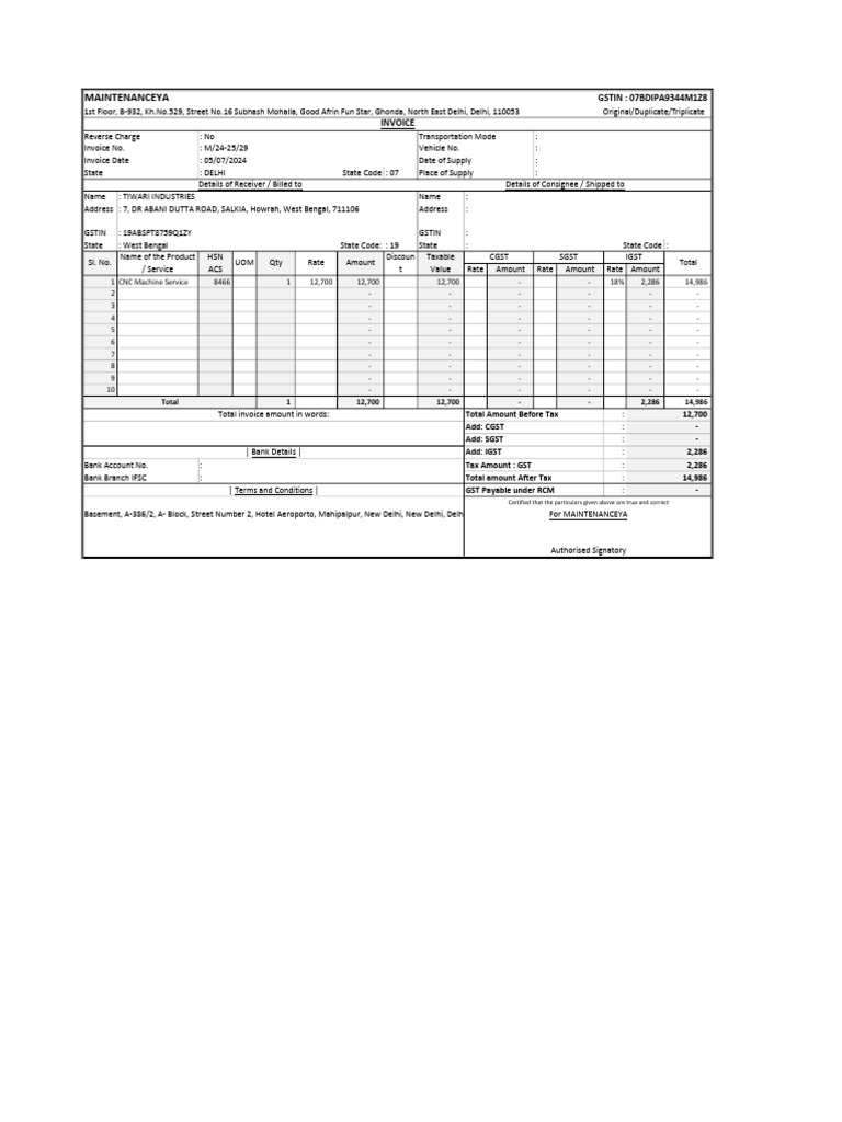 GST Invoice for CNC Machine Service | PDF | Government Finances ...