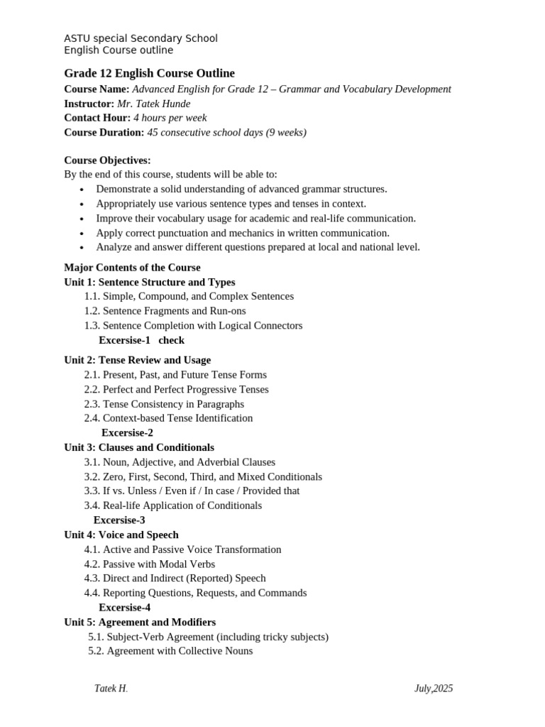 Grade 12 Advanced English Course Outline | PDF | Verb | English Language