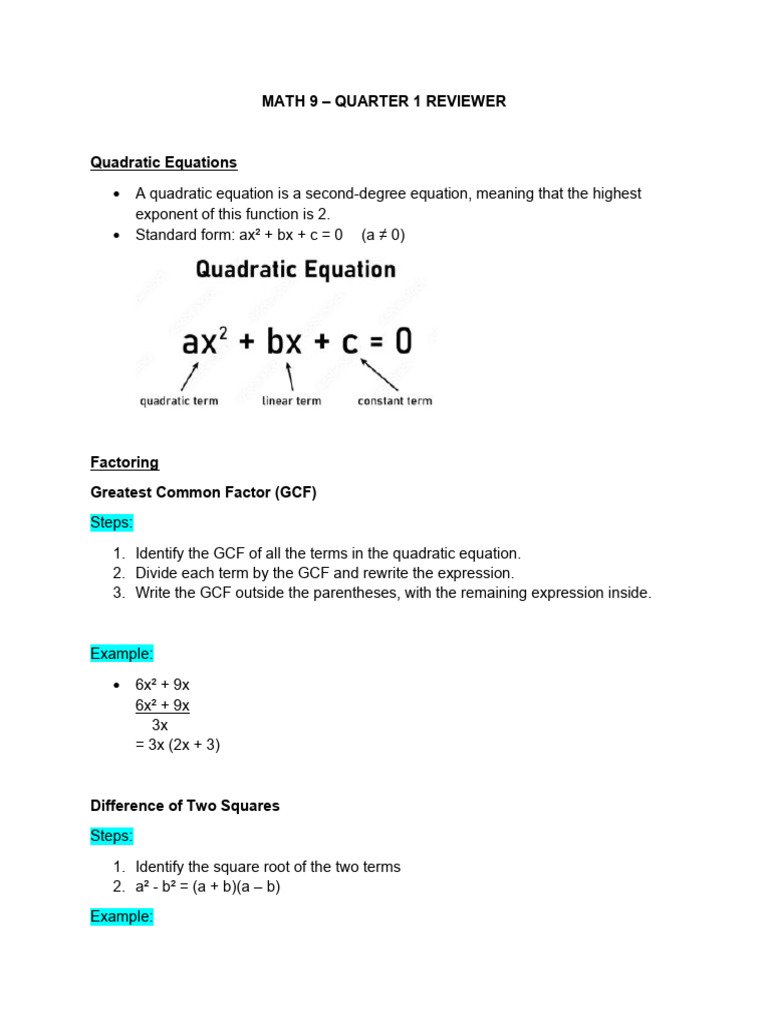 Math 9 Quadratic Equations Review | PDF | Square Root | Arithmetic
