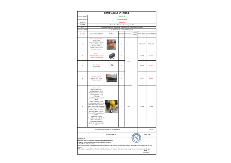 Proforma Invoice for Brick Machine Sale | PDF | Prices