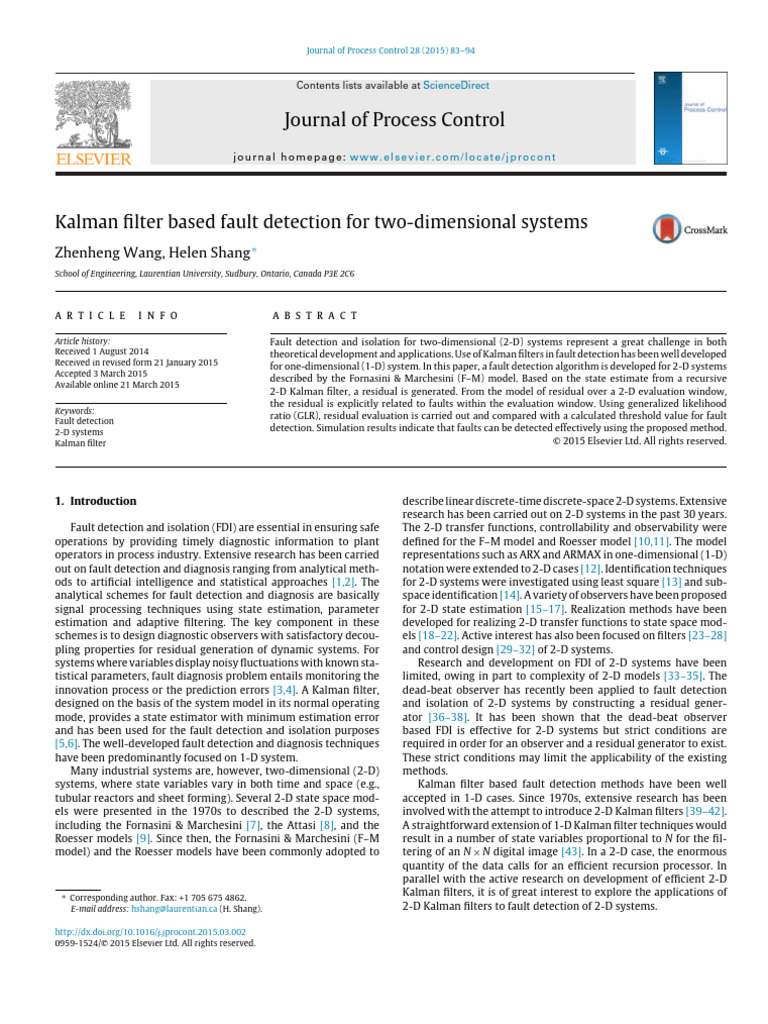 Kalman Filter Based Fault Detection For Two-Dimensional Systems | PDF ...