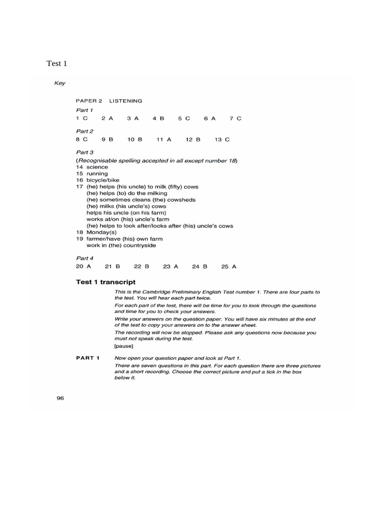 Key To Pet 2 Test 1, 2 | PDF