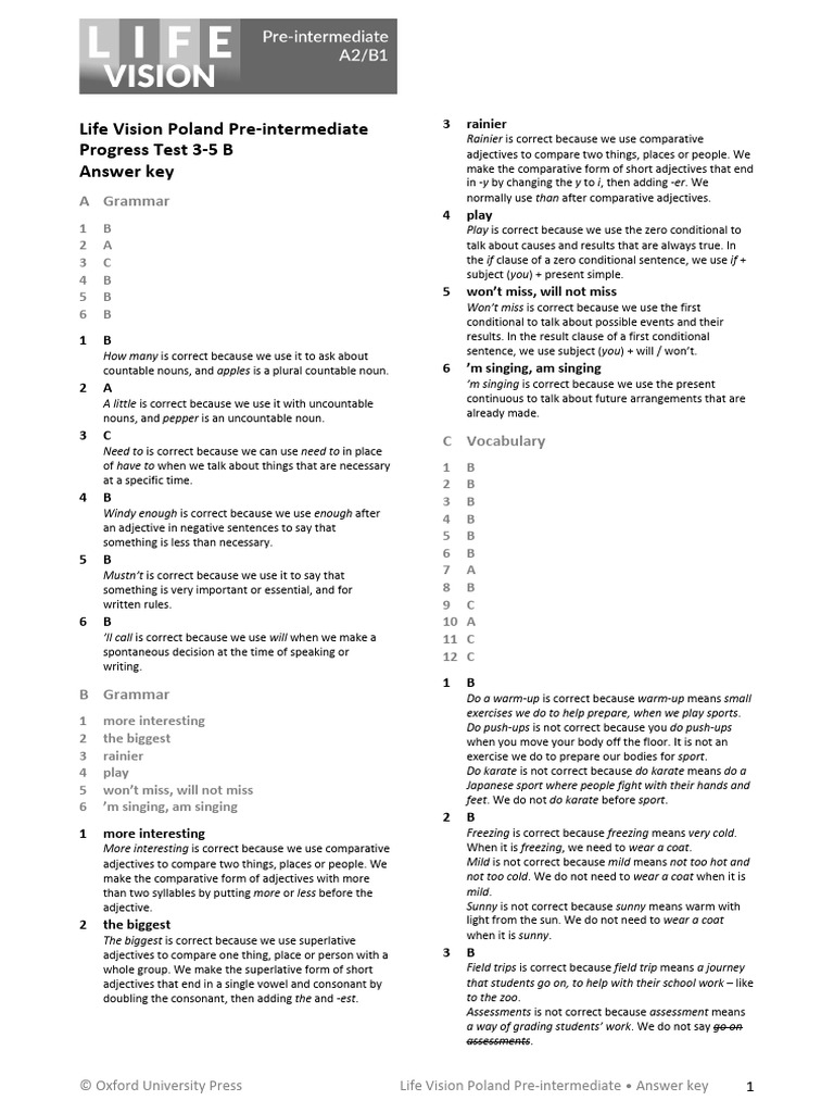 Life Vision Poland Pre-Intermediate Answer Key | PDF | Noun | Adjective