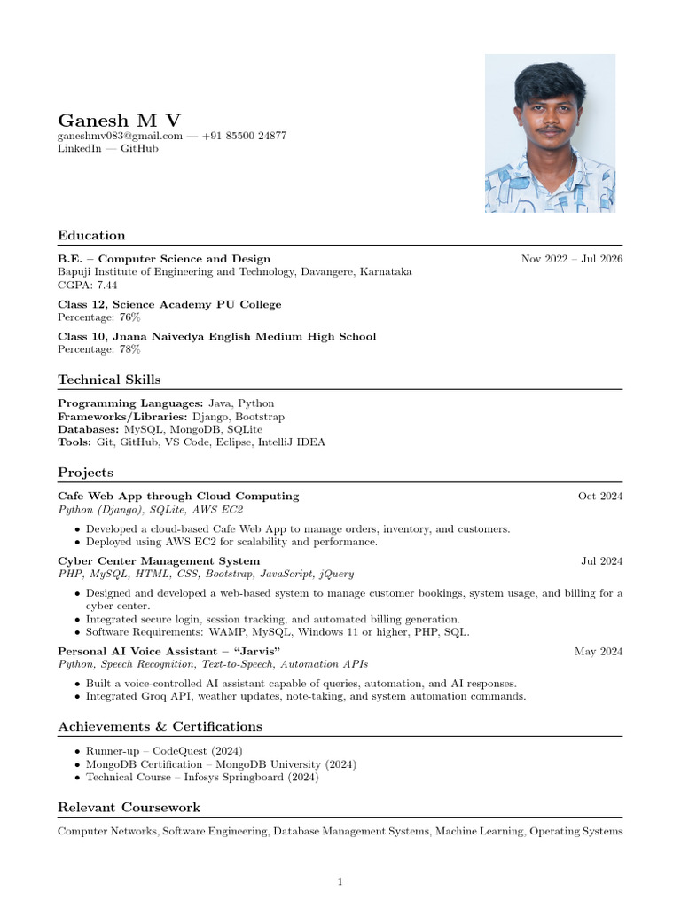 Ganesh M V: Computer Science Profile | PDF