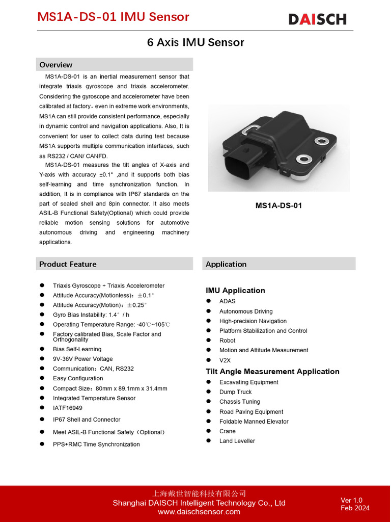 MS1A-DS-01 6 Axis IMU Sensor Overview | PDF | Gyroscope | Measuring ...