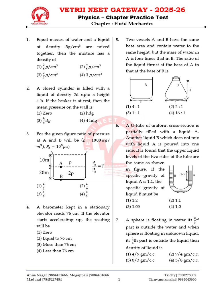 Fluid Mechanics Practice Test 2025-26 | PDF | Buoyancy | Drop (Liquid)