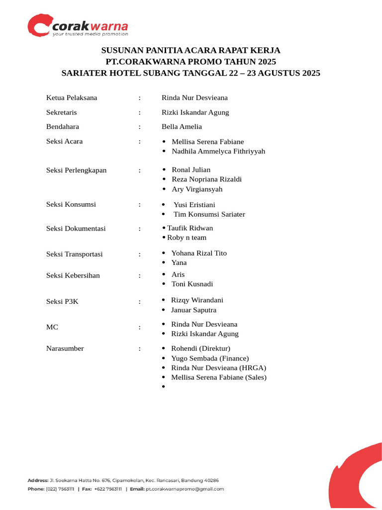 Panitia Raker PT Corakwarna 2025 | PDF