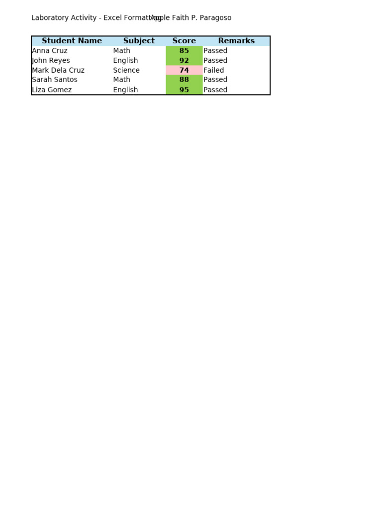 Excel Formatting for Lab Activity | PDF
