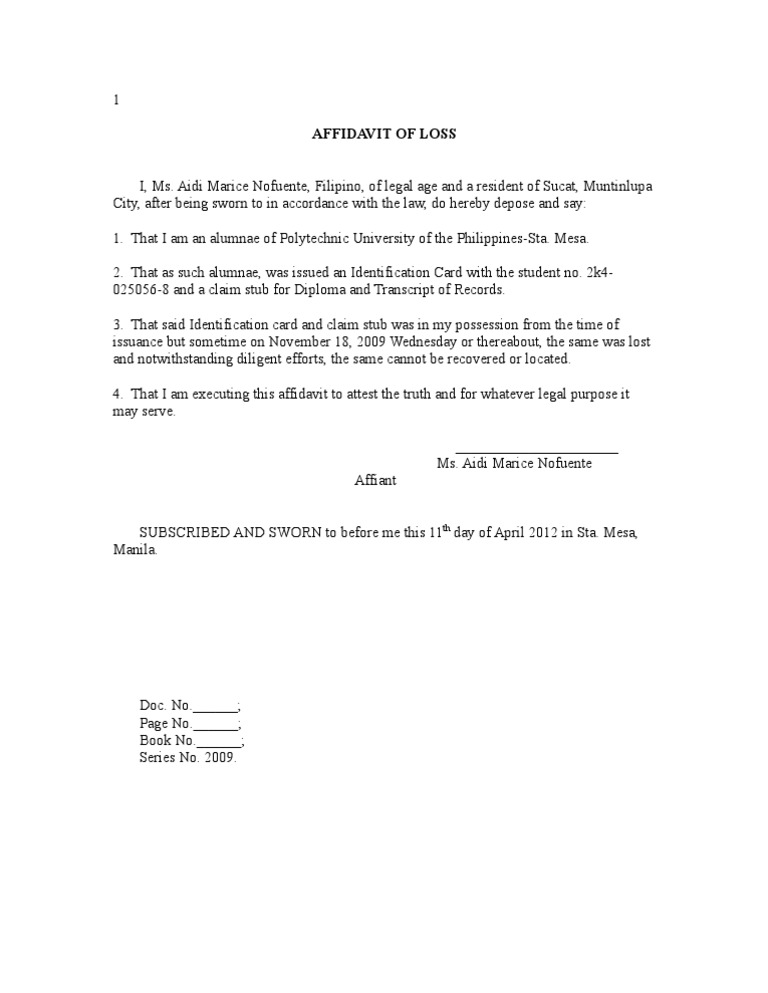 Affidavit of Loss Sample