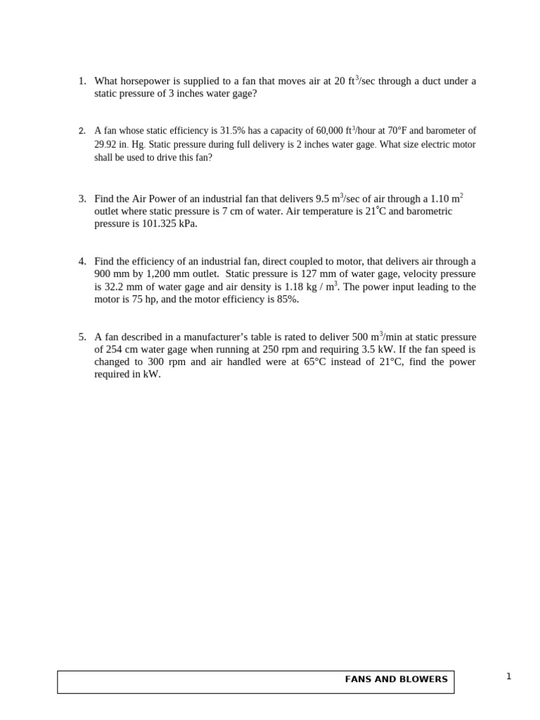 Fan and Blower Performance Calculations | PDF