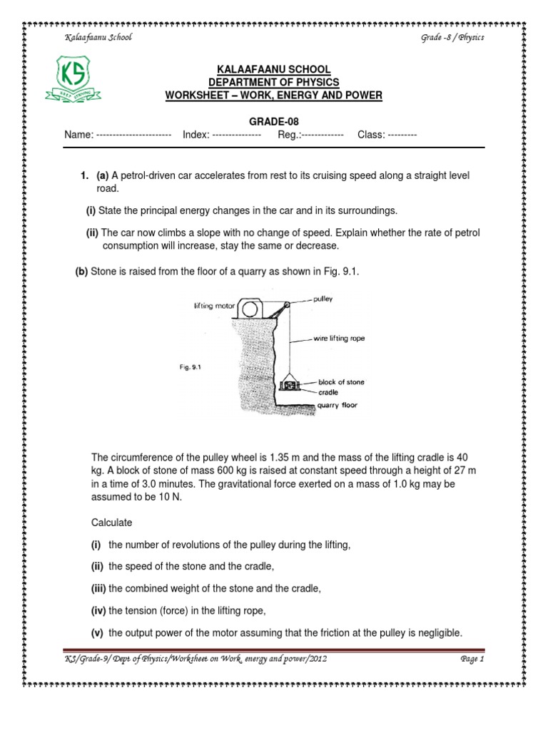 Work, Energy and Power Worksheet  Potential Energy  Power Station Inside Work Energy And Power Worksheet