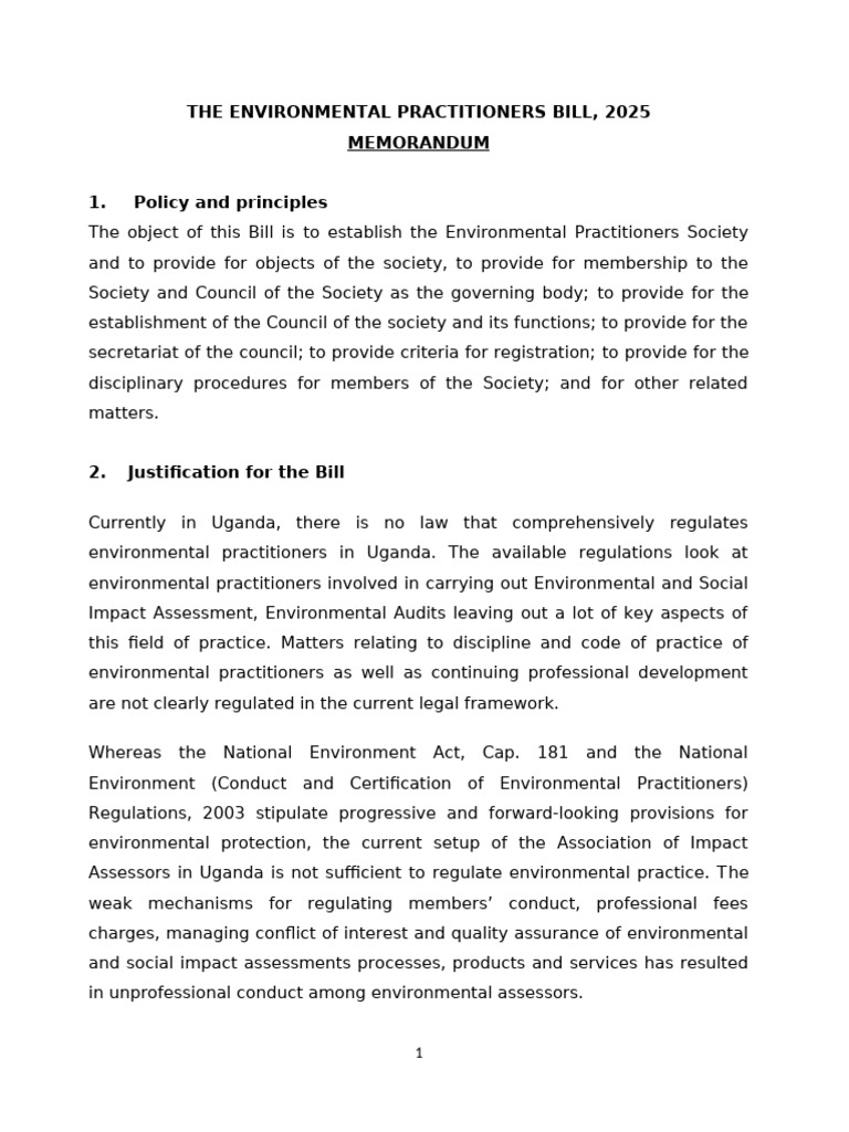 Uganda Environmental Practitioners Bill 2025 | PDF | License | Accountant