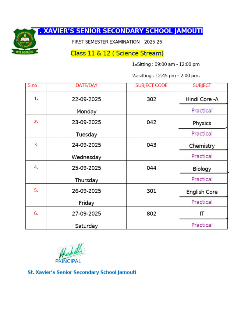 First Semester Exam Schedule 2025-26 | PDF