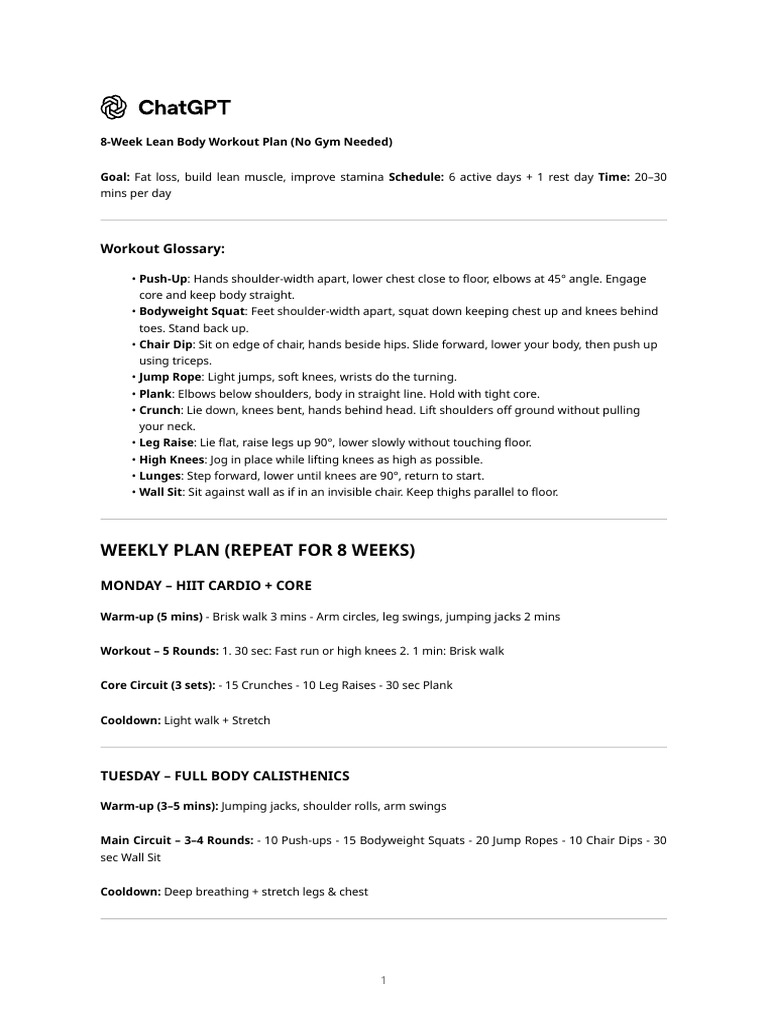 Fat Loss Workout Plan | PDF | Management Of Obesity | Physical Fitness