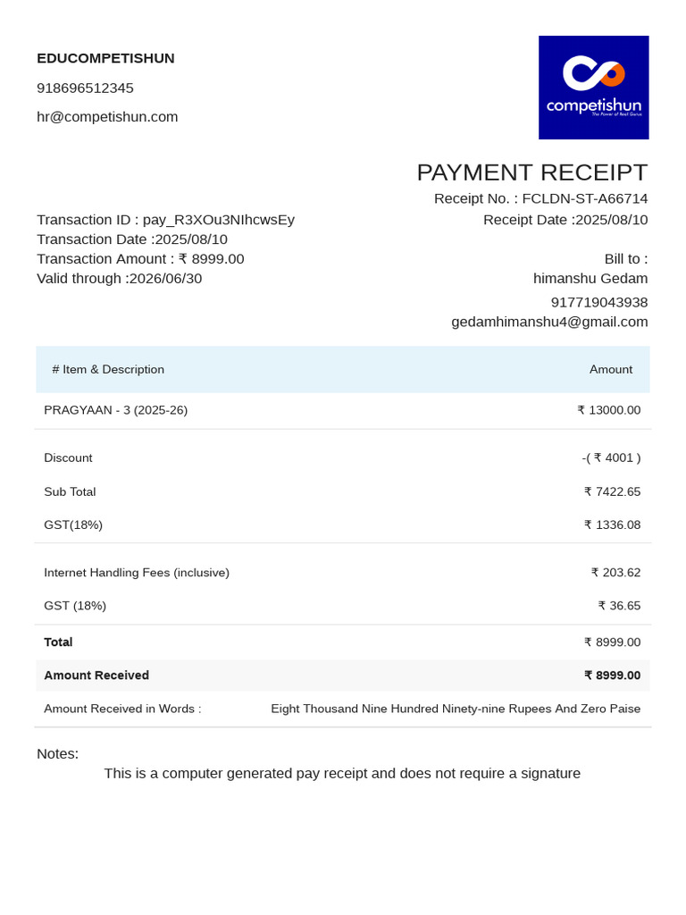 Payment Receipt for PRAGYAAN - 3 | PDF