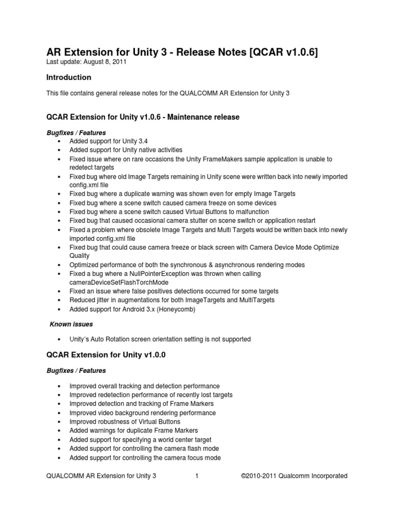 Unity Release Notes 1.0.6 Android (Operating System) Rendering