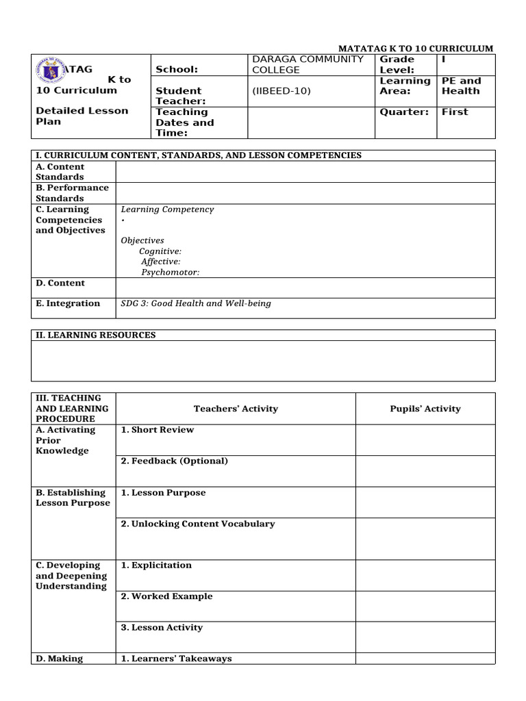 MATATAG K-10 PE & Health Lesson Plan | PDF | Curriculum | Learning