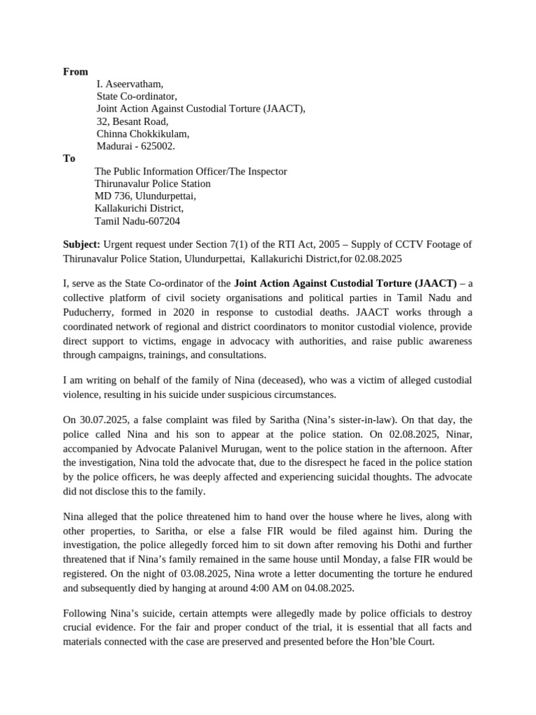 Request for CCTV Footage: Thirunavalur Police | PDF | Government | Crimes