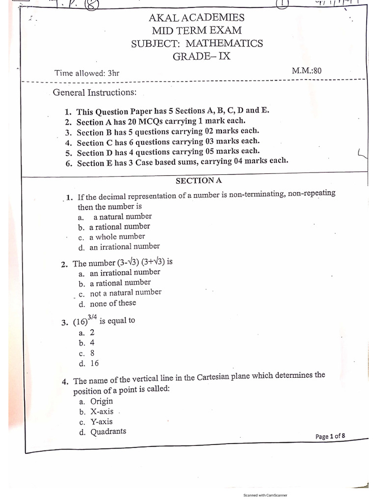 Mid Term9th (23 24) Maths | PDF