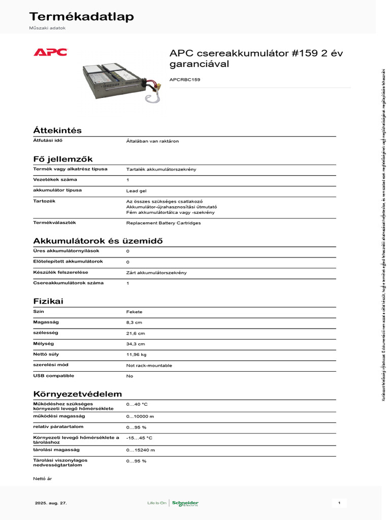 Schneider Electric Csereakkumulátor APCRBC159 | PDF