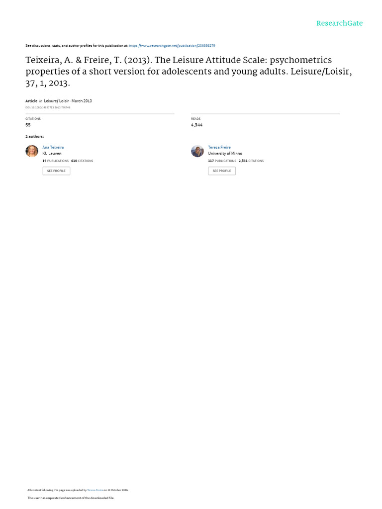 Leisure Attitude Scale for Youth Validation | PDF | Validity ...