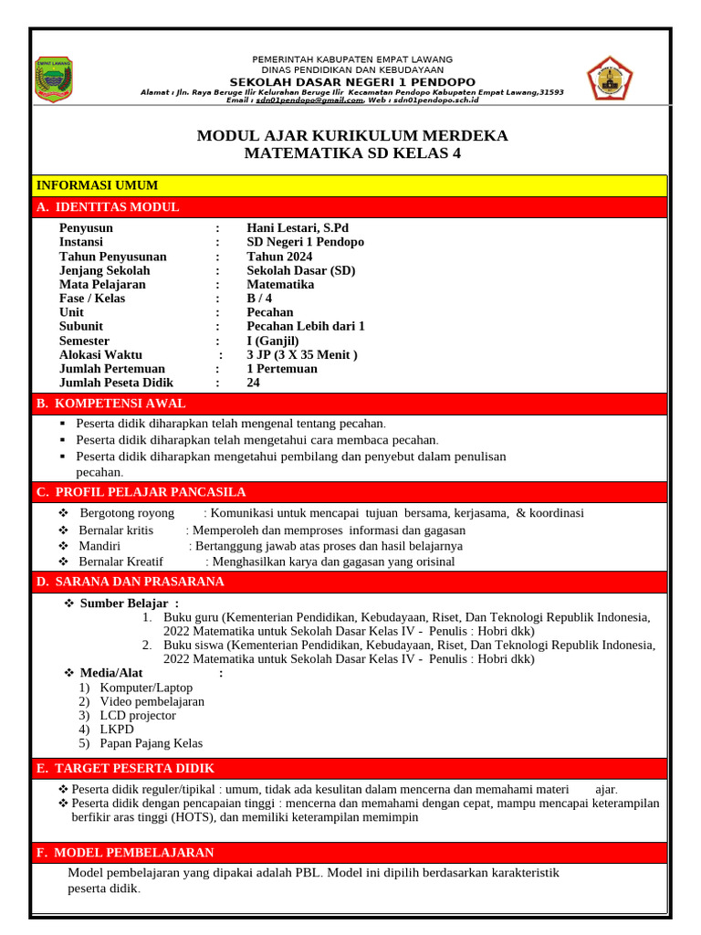 Modul Ajar Matematika SD Kelas 4 Pecahan | PDF