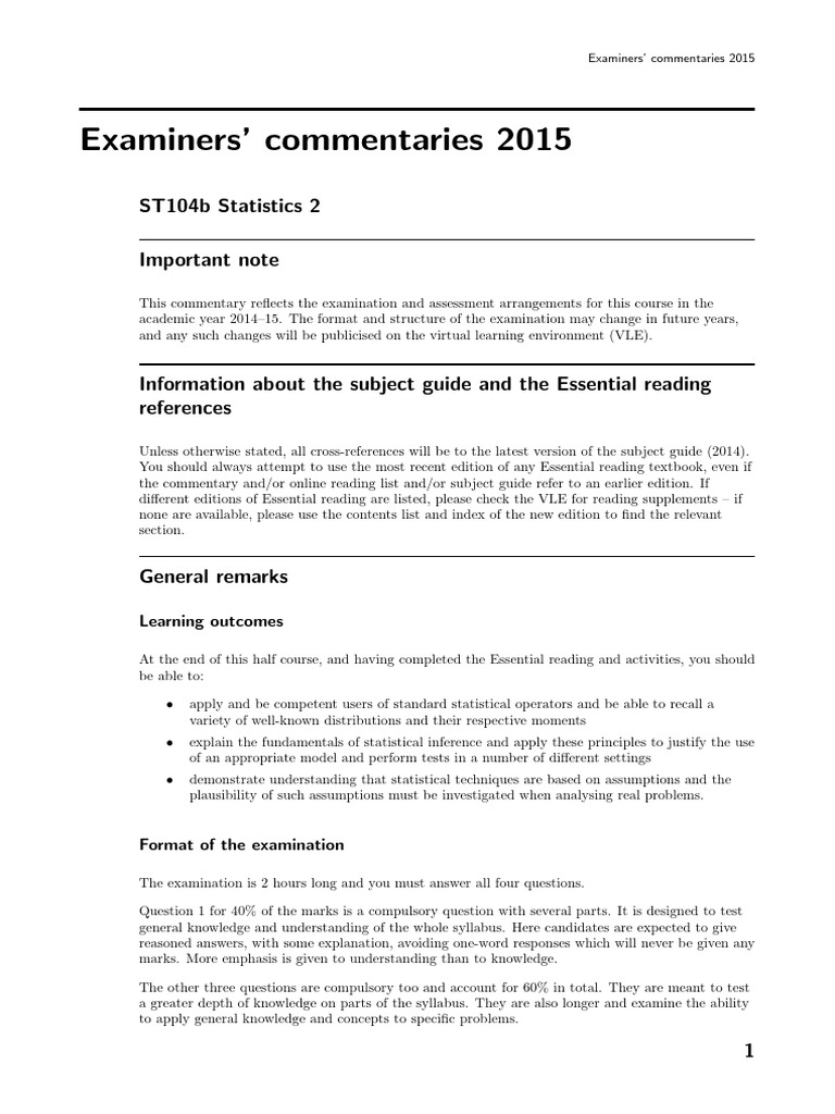 ST104b - Statistics 2 - 2015 Examiners Commentaries | PDF | Estimator ...