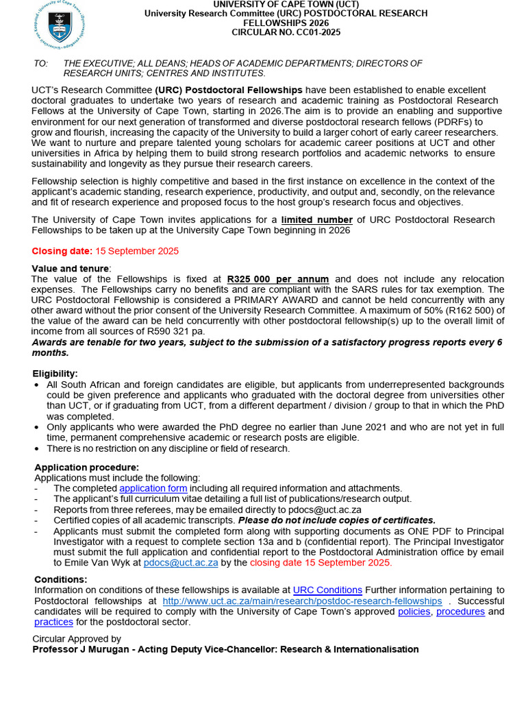 UCT 2026 Postdoctoral Fellowship Details | PDF | Doctor Of Philosophy ...