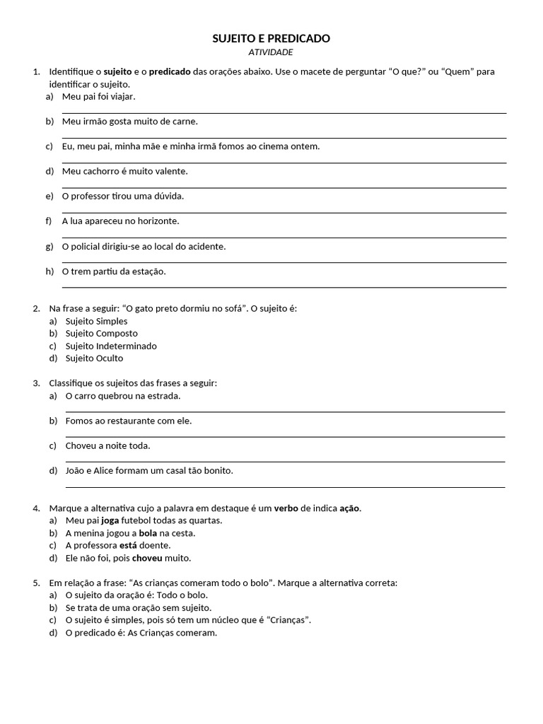 Sujeito e Predicado: Atividades Práticas | PDF | Assunto (gramática ...