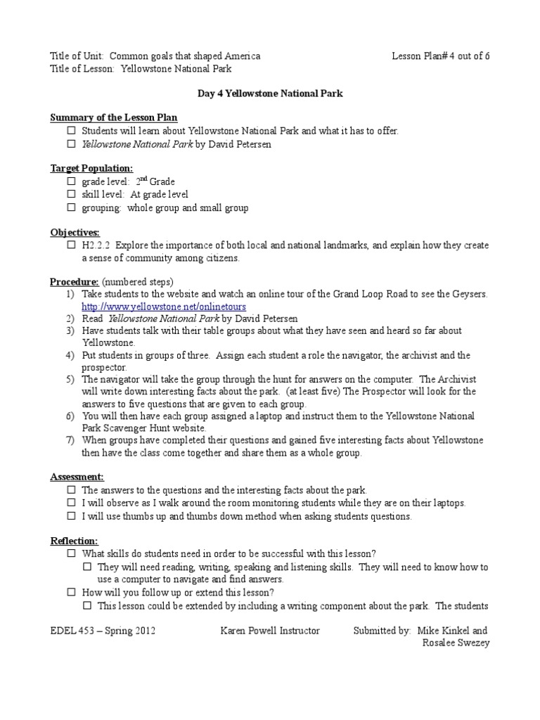 History Unit Lesson Plan PDF Yellowstone National Park Lesson Plan