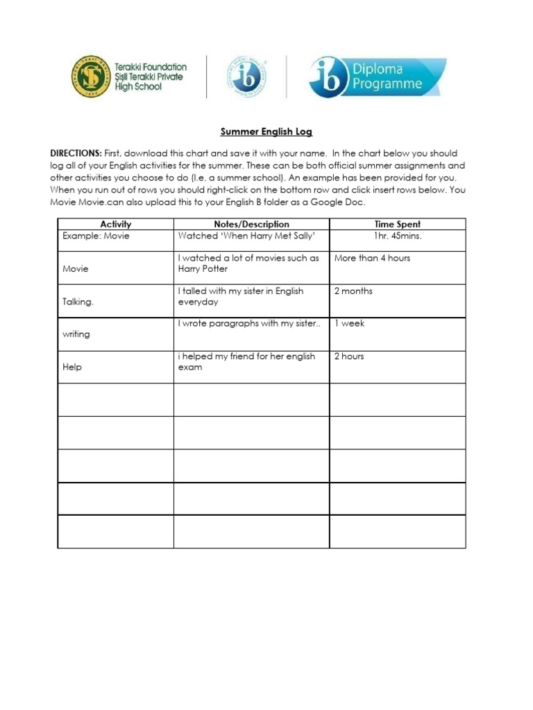 Summer English Activity Log | PDF
