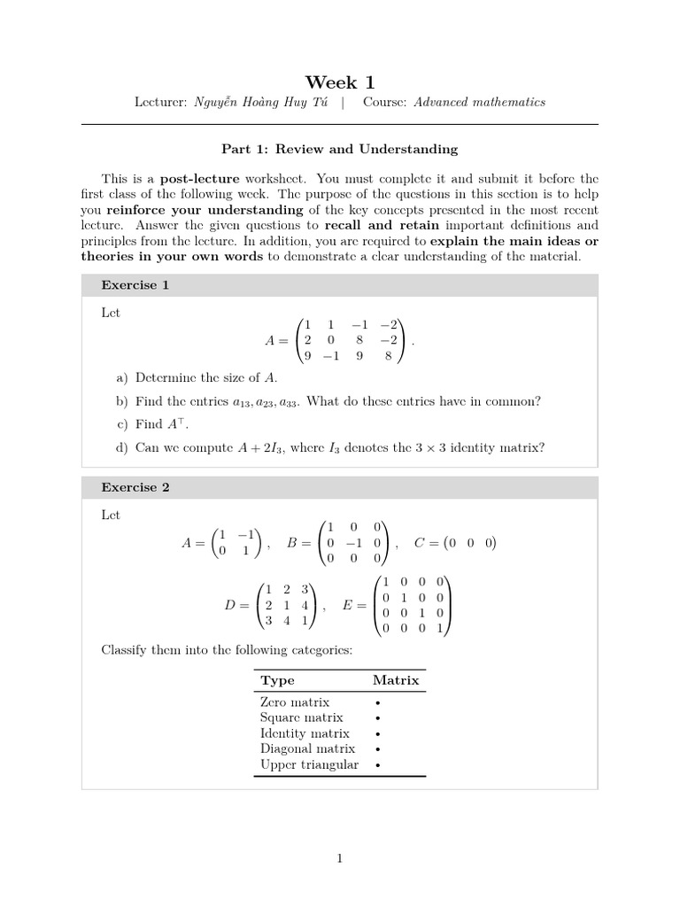 Advanced Mathematics Week 1 Worksheet | PDF | Matrix (Mathematics ...