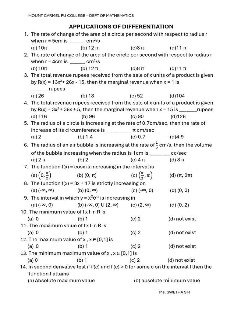 Applications of Differentiation Problems | PDF | Mathematics ...