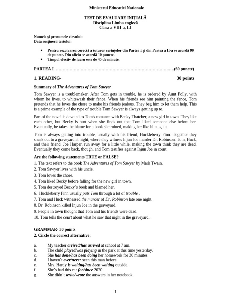 English Test for 8th Grade Students | PDF | The Adventures Of Tom ...