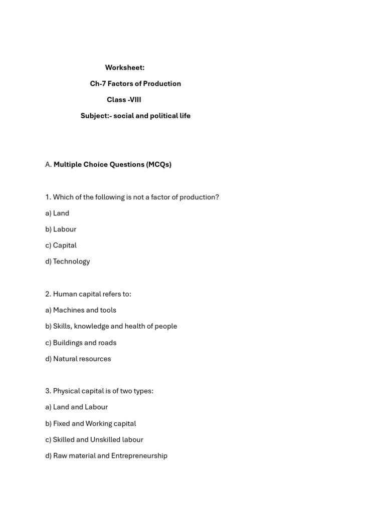 Worksheet Ch-7 Factors of Production | PDF