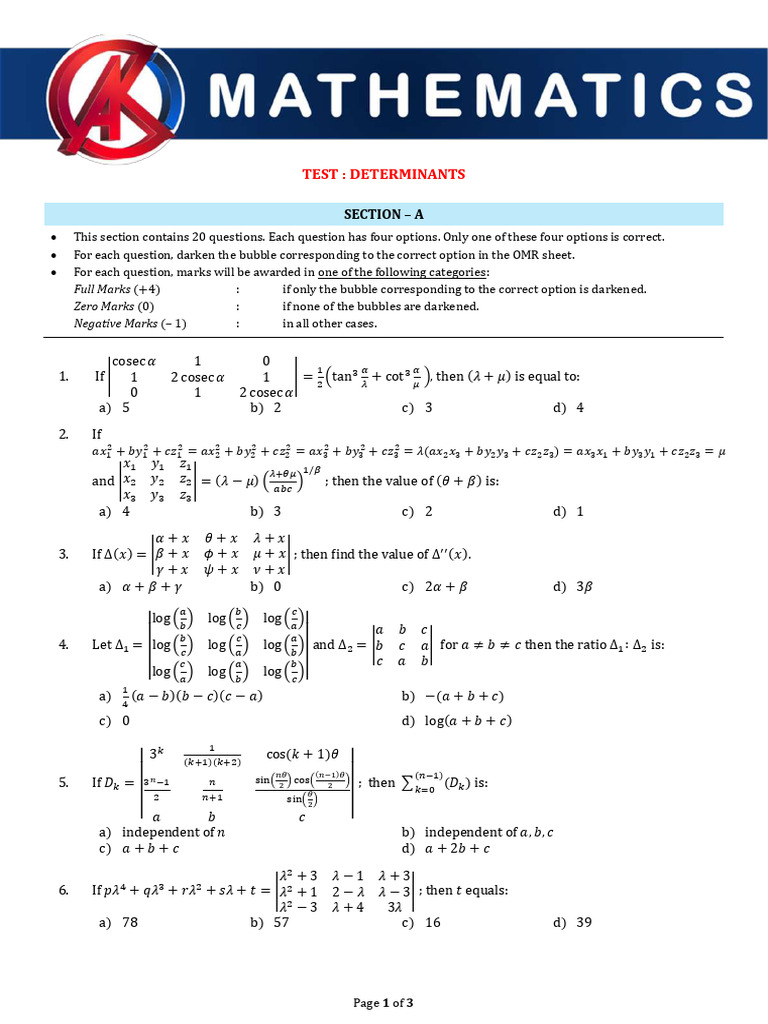 Determinants Test Questions and Answers | PDF | Chess | Chess Theory