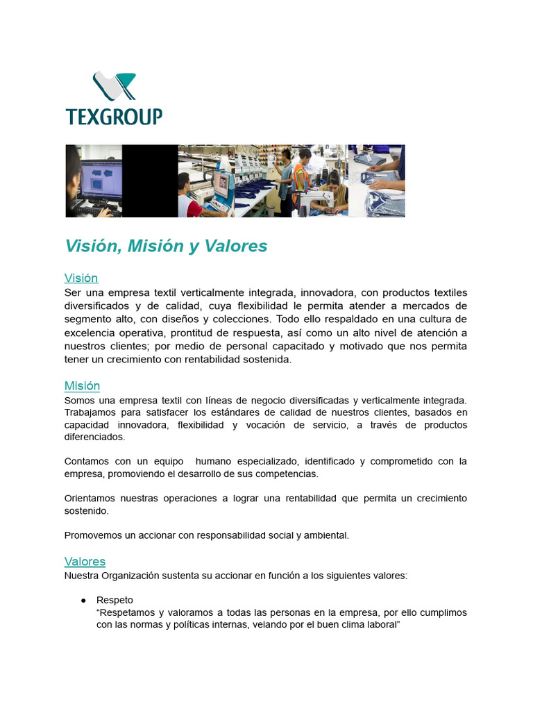Visión, Misión y Valores de Empresa Textil | PDF