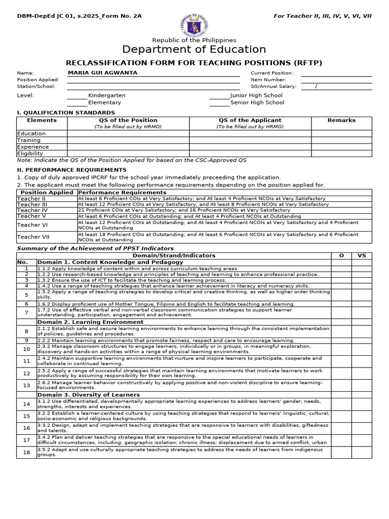 RFTP Form for Teacher Reclassification | PDF | Learning | Educational ...