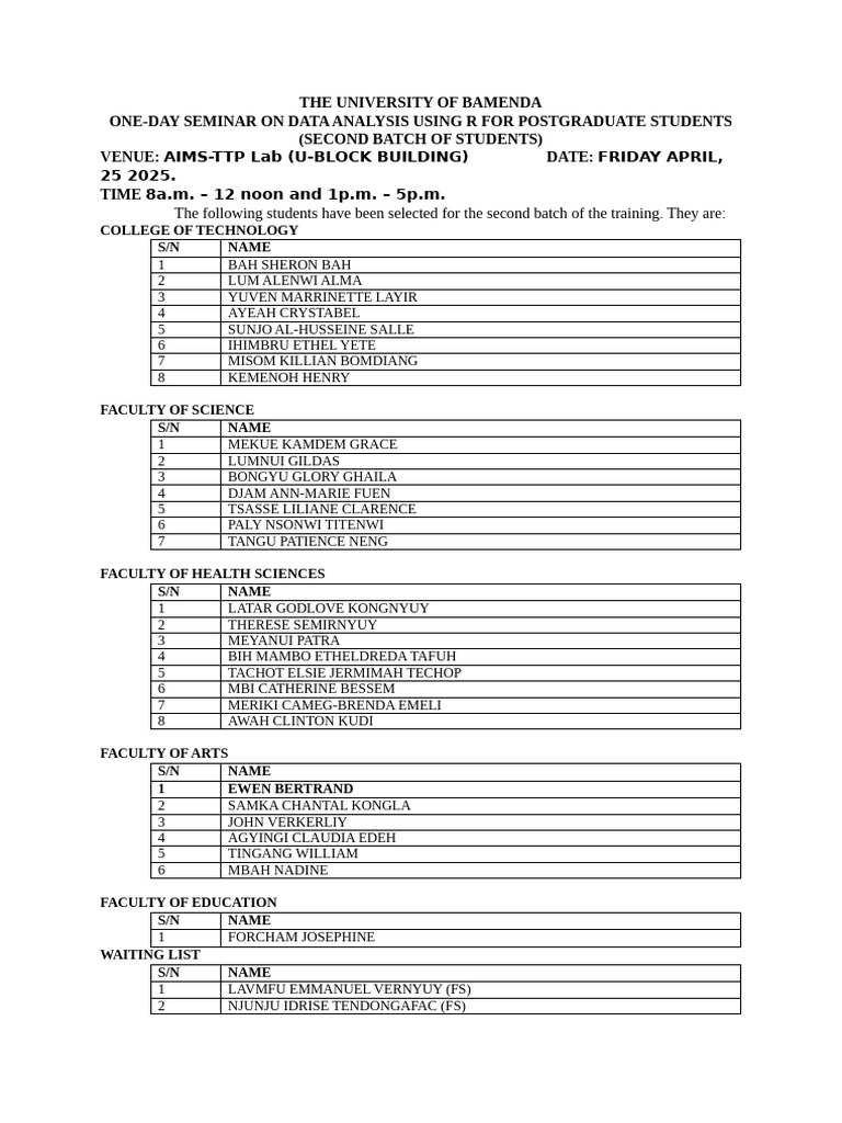 Students Selected For The 2nd Batch of Training in R | PDF
