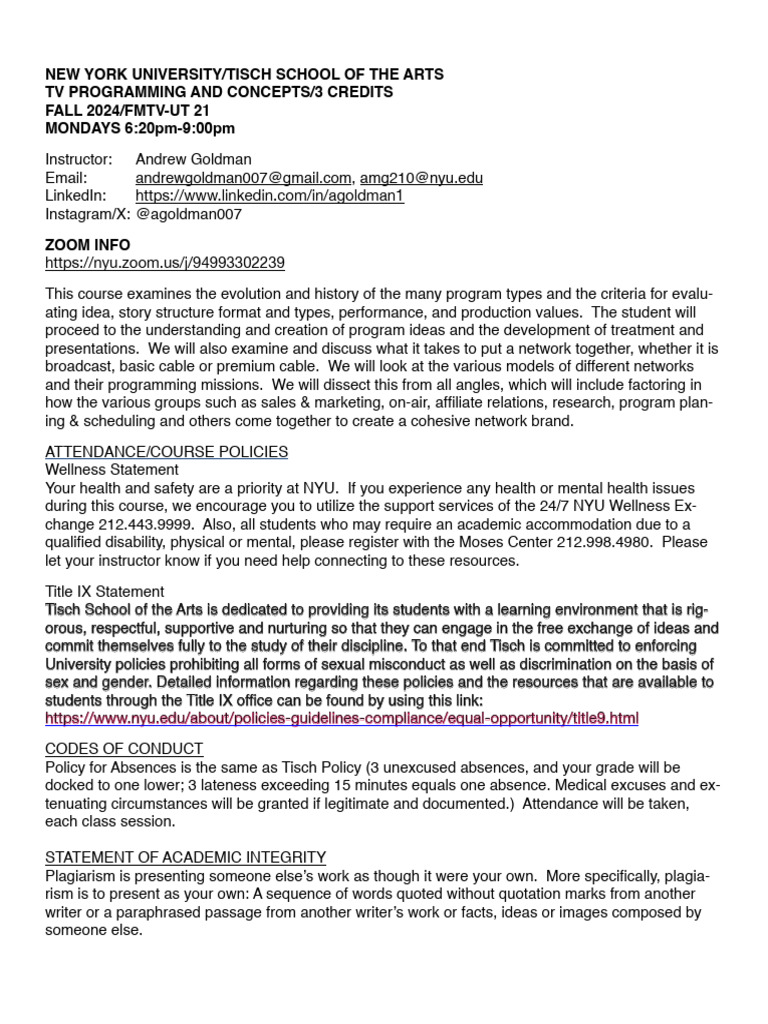 NYU Fall 2024 TV Programming Course | PDF | Television
