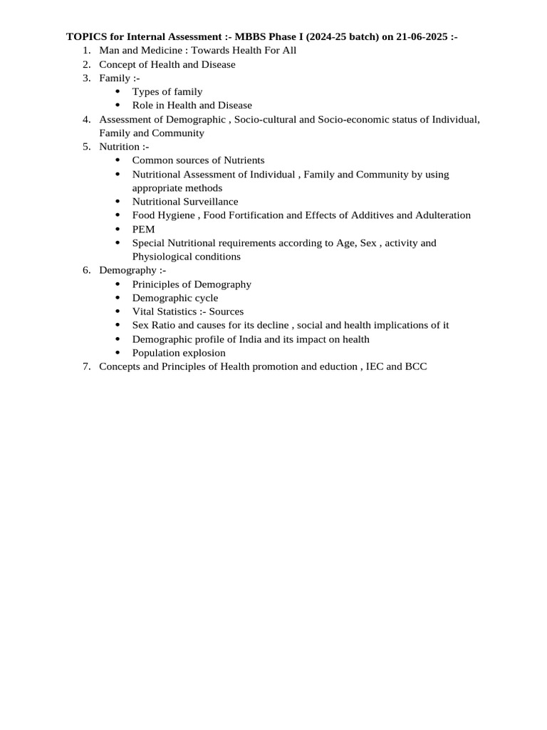 MBBS Phase I Internal Assessment Topics | PDF
