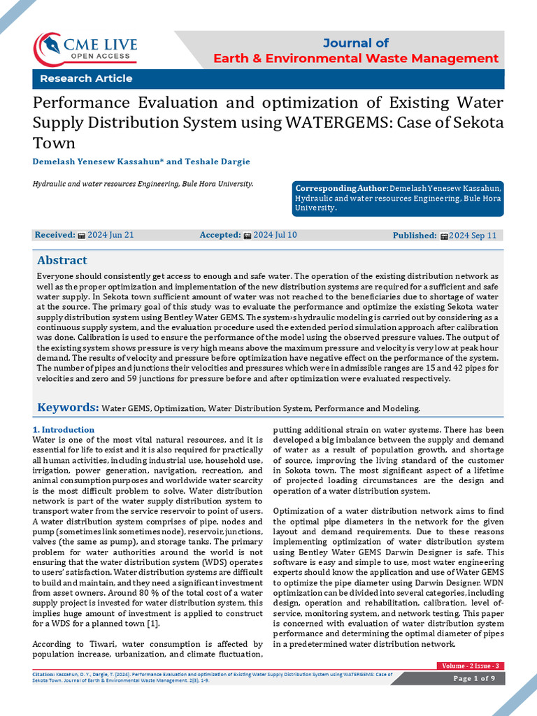 Performance Evaluation and Optimization of Existing Water Supply ...