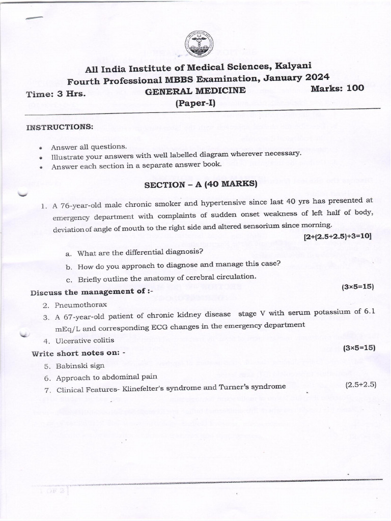4th MBBS Prof. General Medicine Paper-I 2024 | PDF