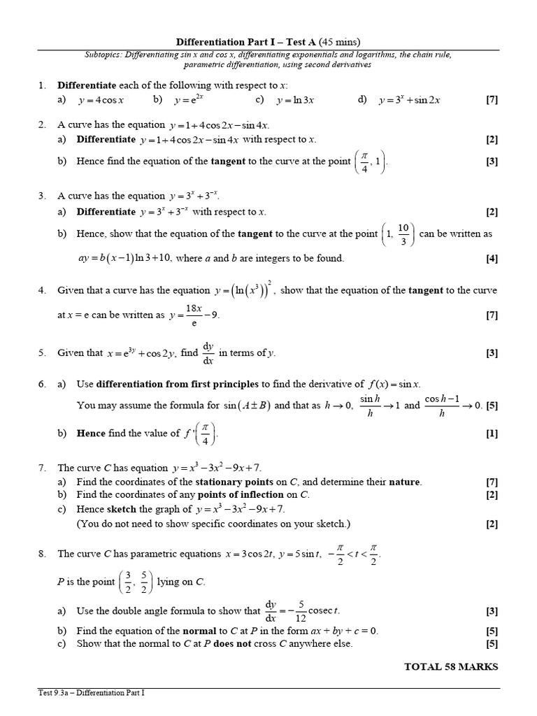 Differentiation Test Part I Guide | PDF | Equations | Mathematical Analysis