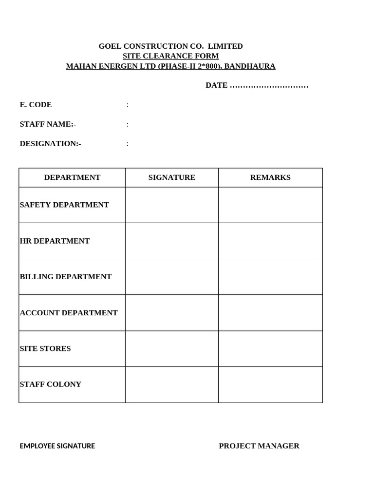 Site Clearance Form for Mahan Energen | PDF