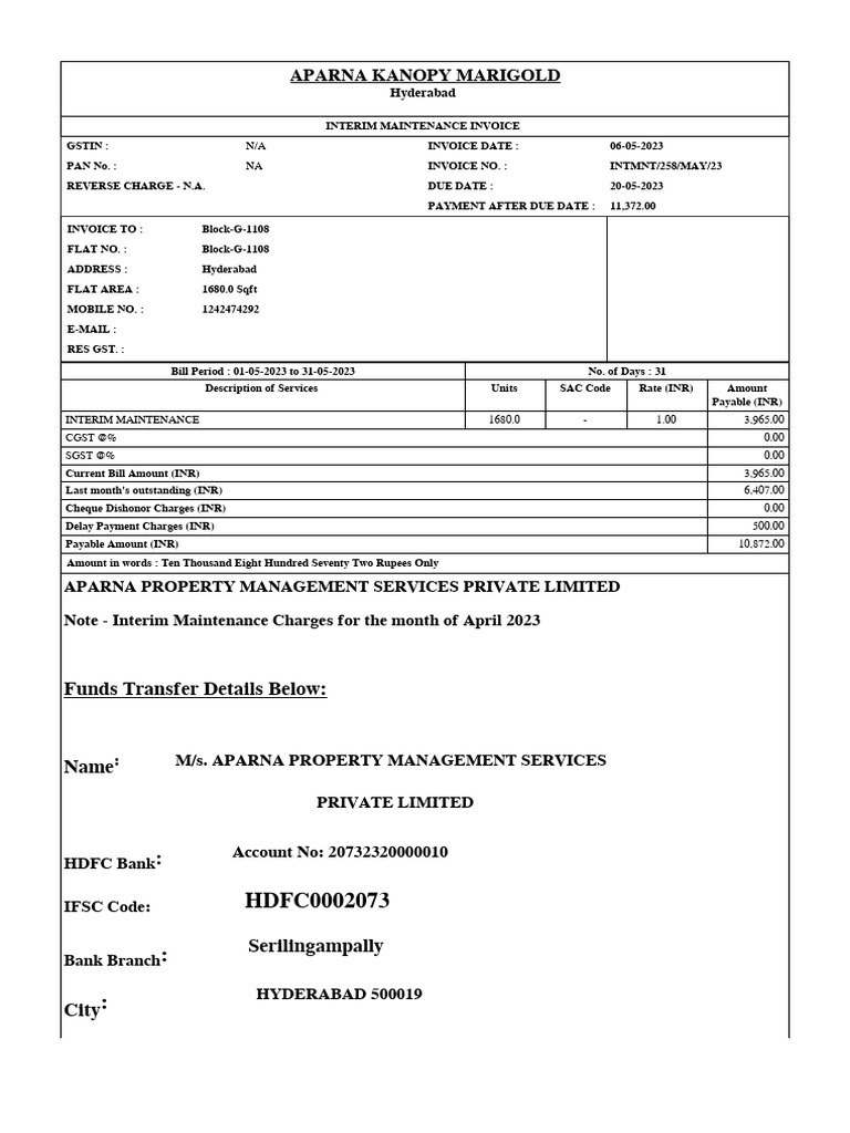 Interim Maintenance Invoice - Aparna Marigold | PDF | Invoice | Payments