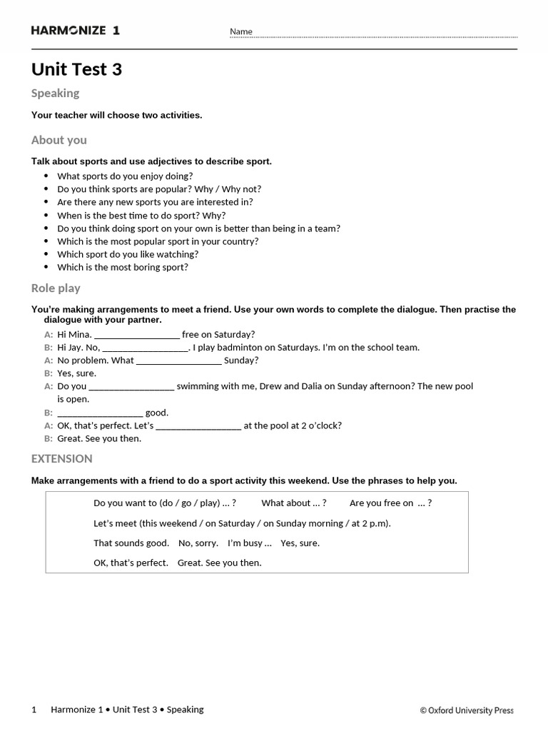 Unit Test 3: Sports Speaking Activities | PDF