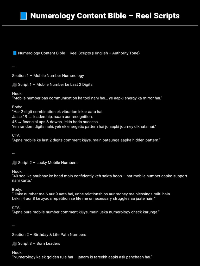 Numerology Content Bible - Reel Scripts | PDF