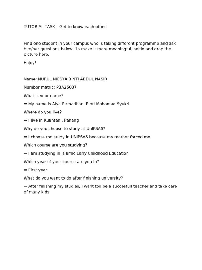 TUTORIAL TASK - Get To Know Each Other-1 | PDF