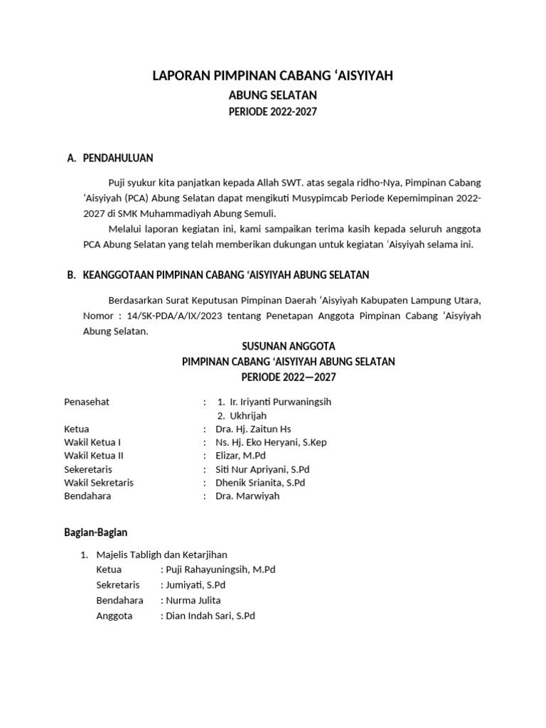 Laporan PCA 'Aisyiyah Abung Selatan 2022-2027 | PDF